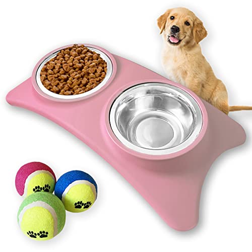 Kit de Comedero Doble de Acero Inoxidable más Pelotas de Juguete para Perros Pequeños y Medianos. Tazón Doble para Comida y Agua para Mascotas y 3 Pelotas de Tenis. (Rosa)