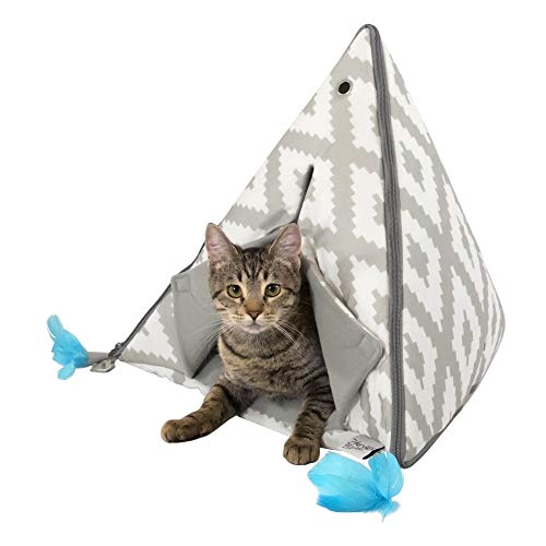 Kitty City Juguete pequeño tipi y plumas, tienda de campaña para gatos, cama para gatos, cama para cueva de mascotas