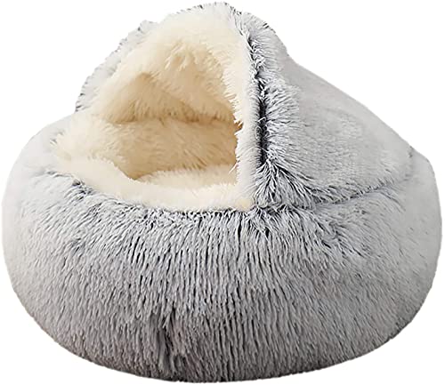 Kongming Cama para mascotas – Redonda, suave felpa, cueva, capucha, cama para gatos, donut para perros y gatos, peluche de piel sintética, redonda, cómoda, gris (50 cm x 50 cm)