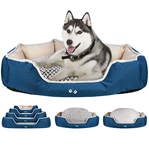 KROSER Cama de Perro con Almohada Reversible, Lavable a Máquina Cubiertas Extraíbles,Fondo Impermeable Antideslizante,122cm Cama para Perros x-Grandes de hasta 50kg-Marrón Claro/Azul