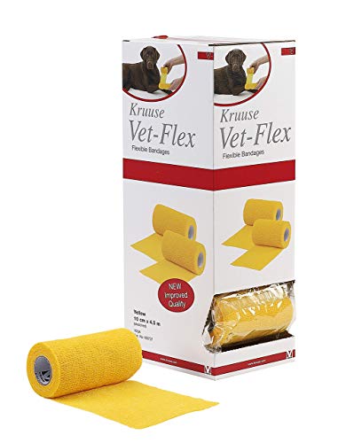 Kruuse Vendaje Cohesivo Autoadhesivo Vet-Flex Flexible Primeros Auxilios, Deportes, Vendas Elásticas, Animales, Lesiones 10 cm x 4,5 m - Caja 10 Rollos (Amarillo)