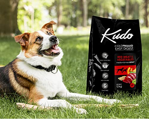 Kudo Pienso Seco Prensado en Frío para Perros Adultos de Todos los Tamaños. Receta Natural Adulto Carne Roja. Sin Gluten. Elaborado con Ingredientes Naturales (12 Kg)