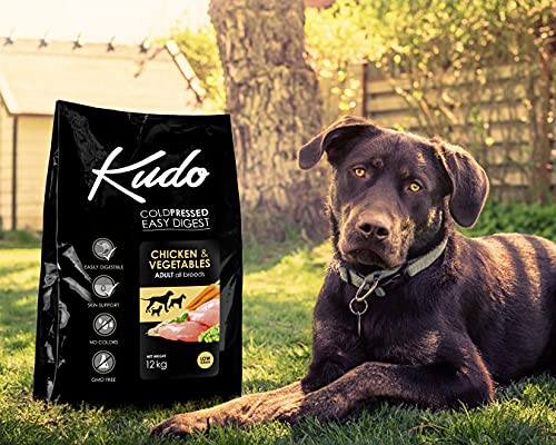 Kudo Pienso Seco Prensado en Frío para Perros Adultos de Todos los Tamaños. Receta Natural Adulto Pollo. Sin Gluten. Elaborado con Ingredientes Naturales (12 Kg)