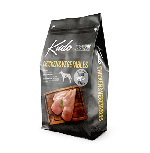 Kudo Pienso Seco Prensado en Frío para Perros Adultos de Todos los Tamaños. Receta Natural Adulto Pollo. Sin Gluten. Elaborado con Ingredientes Naturales (12 Kg)