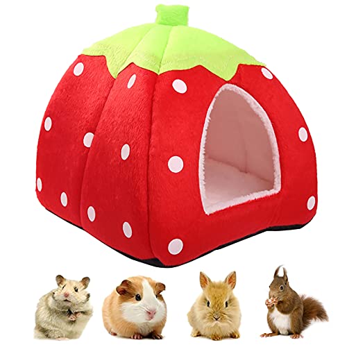 Kuoser Casa de invierno para mascotas de animales pequeños, cama caliente multifuncional de fresa, saco de dormir portátil antideslizante para hámster Guinea ardilla chinchilla erizo