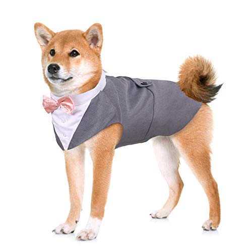 Kuoser Traje de Esmoquin para Perros de Tamaño Pequeño/Mediano/Grande, Ropa para Mascotas, Camisa para Cachorros con Lazo Rosa Extraíble, Disfraz Formal para Bodas y Festivales