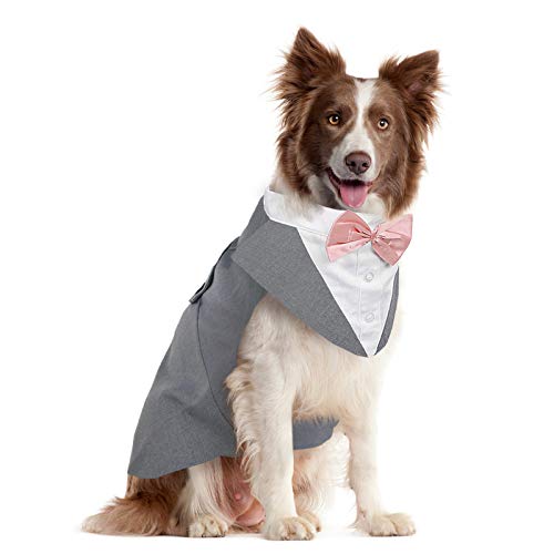 Kuoser Traje de Esmoquin para Perros de Tamaño Pequeño/Mediano/Grande, Ropa para Mascotas, Camisa para Cachorros con Lazo Rosa Extraíble, Disfraz Formal para Bodas y Festivales