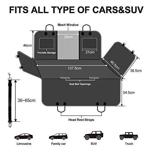KYG Funda Perros Coche Cubierta de Asiento para Mascota Impermeable y Resistente Protector Coche con Ventana de Malla Visible y Cremallera Protector Completo Asiento Trasero y Puertas