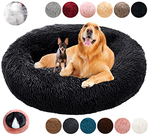 KZhanmy Cama Perro Grande Redonda Cama de Perros Gatos Cómodo Suave Cálido Felpa Donut,Antiestres Lavables con Usable Parte Inferior Antideslizante Cojin,12 Colores-Black||S-50cm/19.6in