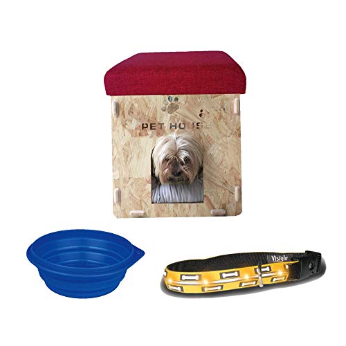 La Vida en Led Pack Comedero Collar Caseta Madera Perro Gato Puff Asiento Desmontable Plegable