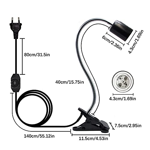 Lámpara de Clip Calefactor con Pinza y Cable, Lámpara de Calor de Reptil, para Bombillas Infrarrojas y Luz Calor, Giratorio de 360°y Interruptor de Intensidad de Fuente de Luz Ajustable