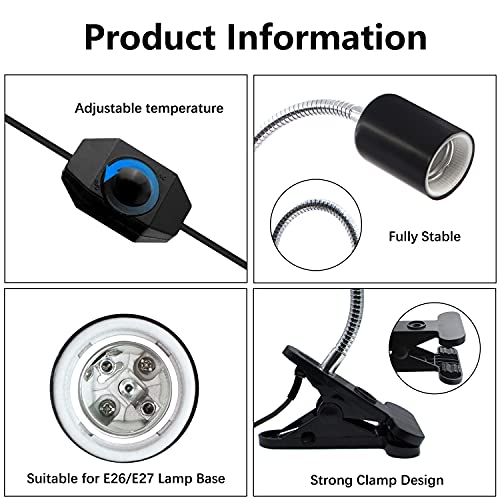 Lámpara de Clip Calefactor con Pinza y Cable, Lámpara de Calor de Reptil, para Bombillas Infrarrojas y Luz Calor, Giratorio de 360°y Interruptor de Intensidad de Fuente de Luz Ajustable