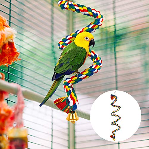 Ledoo Percas de Cuerda para pájaros Juguete de Pájaro Bungee Cuerda Perca de Cuerda en Espiral para Pájaros Percha en Espiral Columpio de Algodón Colorido con Campana (100 cm)