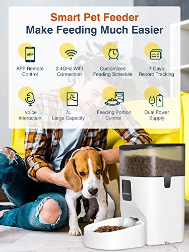 Lewondr 7L Comederos Automáticos para Mascotas, 2.4G WiFi Dispensador de Comida para Gatos Perros con Control Remoto de App Grabación de Voz y Temporizador Programable hasta 10 Comidas al Día, Blanco