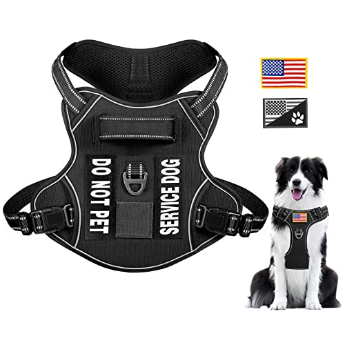 Lewondr Arnés para Perros, Chaleco para Perro Grande Mediano Pequeño Ajustable sin Tirón con Línea Reflectante, Tela Oxford Transpirable Acolchado, Correa de Servicio Entrenamiento Trabajo, L, Negro