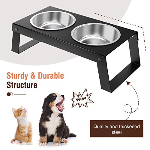 Lewondr Cuenco Doble de Acero Inoxidable para Mascotas, 450ml Comedero con Soporte Plegable Elevado, Tazón Desmontable Ideal para Beber y Comer para Perros Pequeños y Gatos, Negro