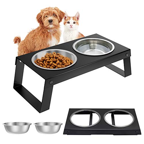 Lewondr Cuenco Doble de Acero Inoxidable para Mascotas, 450ml Comedero con Soporte Plegable Elevado, Tazón Desmontable Ideal para Beber y Comer para Perros Pequeños y Gatos, Negro