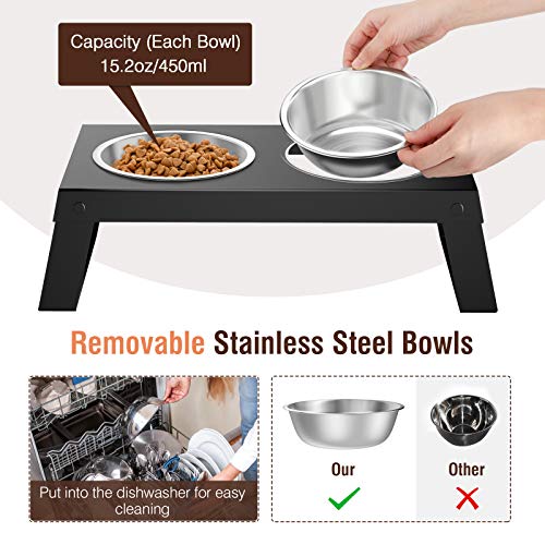 Lewondr Cuenco Doble de Acero Inoxidable para Mascotas, 450ml Comedero con Soporte Plegable Elevado, Tazón Desmontable Ideal para Beber y Comer para Perros Pequeños y Gatos, Negro