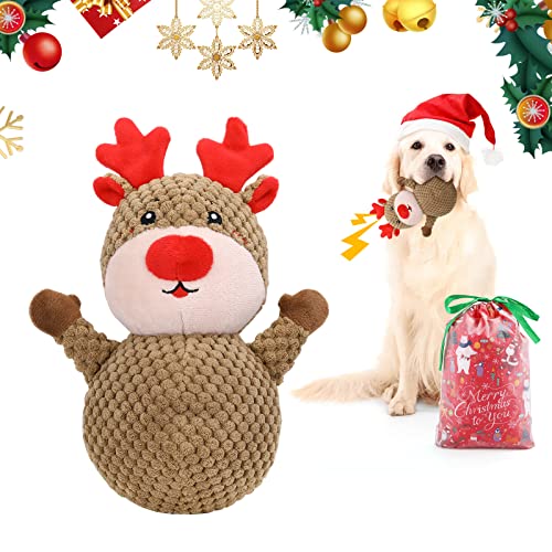 Lewondr Juguete para Perros, Juguete Interactivo de Peluche Cachorros con Sonido Chirriante, Forma de Reno Navideña Juego Mascotas Interior Duradero para Entrenamiento Masticar Fácil Limpiar, Marrón