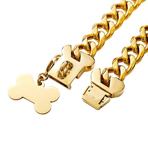 Leyeet Collar de perro dorado de 19 mm con eslabones cubanos para perros pequeños, medianos y grandes