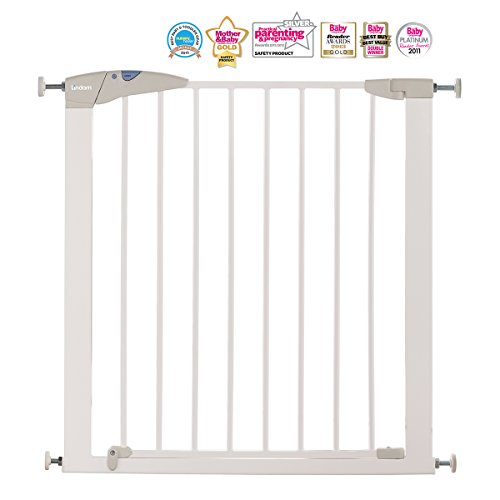 Lindam Barrera blanca de seguridad con puerta y ajuste a presión. 76-82 cm. Máximo 117cm con extensión