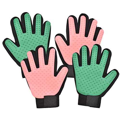 Liwein Guante de Mascotas,Guante Cepillo Retiro del Pelo Masaje Guantes de Aseo para Perros Gatos Conejo Caballos Cabello Largo Corto 2 Par(Rosa Verdes