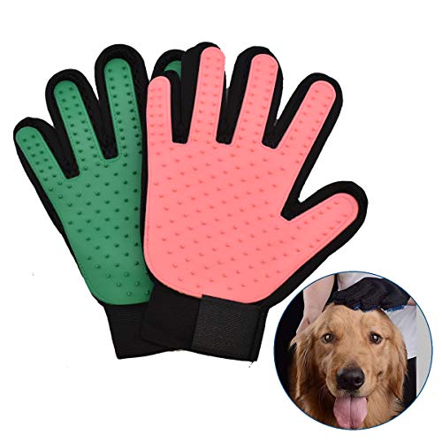 Liwein Guante de Mascotas,Guante Cepillo Retiro del Pelo Masaje Guantes de Aseo para Perros Gatos Conejo Caballos Cabello Largo Corto 2 Par(Rosa Verdes