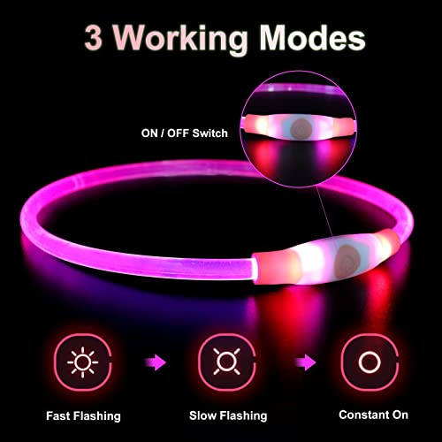 LMLMD Luminoso Collar Perro de Mascota LED, Ajustable Recargable 3 Modos, Collares LED para Perros Pequeños/Medianos/Grandes, rosa