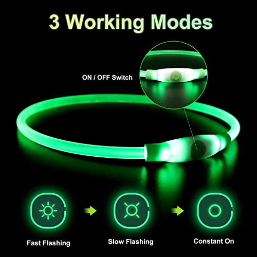 LMLMD Luminoso Collar Perro de Mascota LED, Ajustable Recargable 3 Modos, Collares LED para Perros Pequeños/Medianos/Grandes, Verde