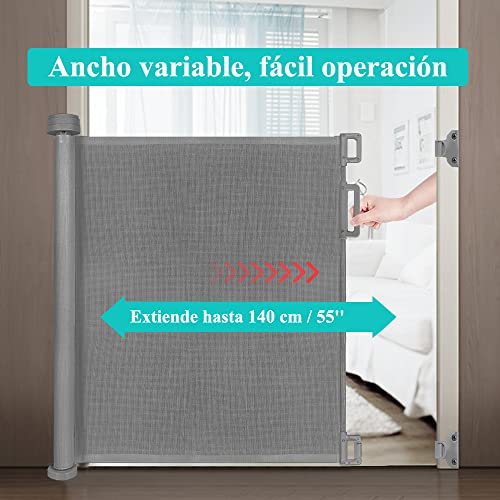 Looxii Barrera Puertas de Seguridad Niños 0-140 cm Retráctil Bebé Puerta Seguridad Extensibles Barreras Escalera Vallas para Puerta y Escalera Gris