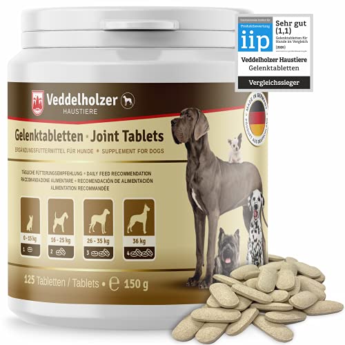 Los comprimidos condroprotector perros para articulaciones Veddelholzer con MSM, harpagófito glucosamina colágeno para fortalecer los huesos, fabricadas en Alemania, 125 cápsulas con hialurón y Omega3