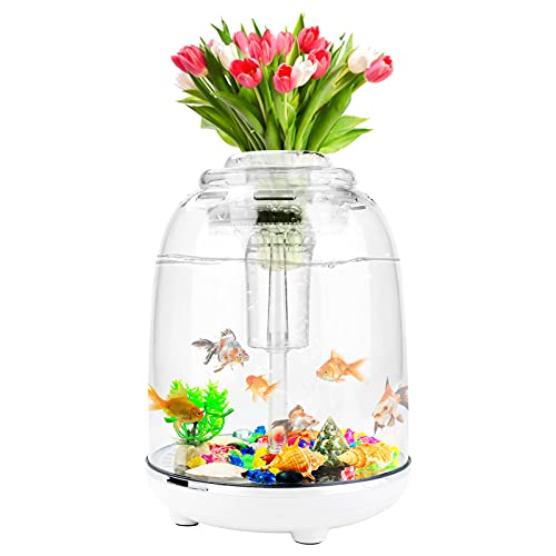 Luckits - Acuario autolimpiable, kit de acuario con 7 luces LED de colores automáticas y filtro de potencia, 5 litros, mini acuario de mesa para plantas y peces