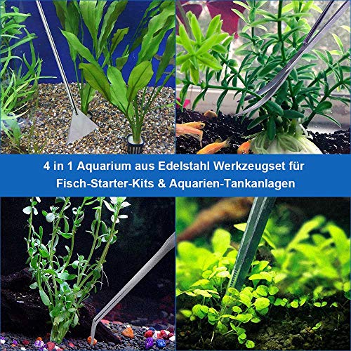 Lukovee 4 en 1 Juego de herramientas para acuario , pinzas largas de acero inoxidable, espátula, con red para peces y plantas acuáticas, kit de limpieza y kit de inicio