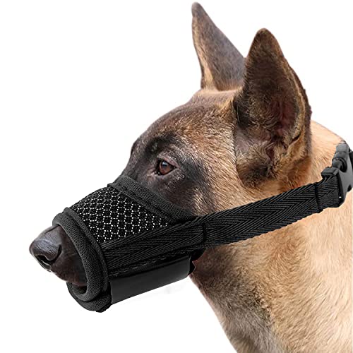 M MUNCASO Bozales para perros de malla nailon con lazo ajustable y suave para entrenamiento para perros previene para morder comer,ladridos y masticar perros pequeños y medianos(M, negro)