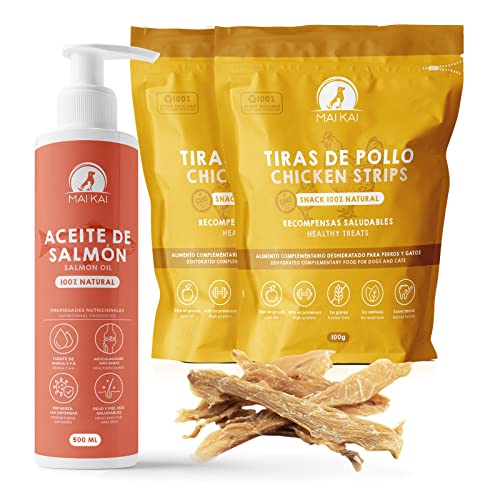 MAIKAI Aceite de Salmon Perros (500ml) + Chuches para Perros - Gatos - 100% Naturales - (2X Snacks deshidratados) - Premios para Perros. Antiinflamatorio para Perros. (Pollo) Regalo Perros