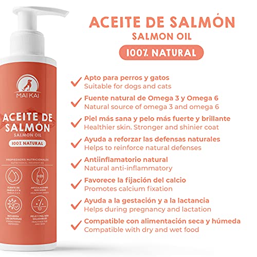 MAIKAI Aceite de Salmon Perros y Gatos (250 ml) 100% Natural. Ácidos grasos Omega 3 y 6 - Antiinflamatorio Natural - Salud de los Huesos, Piel y Pelo - Dieta Barf - Vitaminas Perros (250 ml)