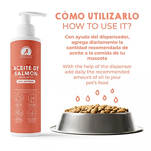 MAIKAI Aceite de Salmon Perros y Gatos (250 ml) 100% Natural. Ácidos grasos Omega 3 y 6 - Antiinflamatorio Natural - Salud de los Huesos, Piel y Pelo - Dieta Barf - Vitaminas Perros (250 ml)