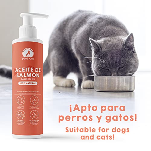 MAIKAI Aceite de Salmon Perros y Gatos (250 ml) 100% Natural. Ácidos grasos Omega 3 y 6 - Antiinflamatorio Natural - Salud de los Huesos, Piel y Pelo - Dieta Barf - Vitaminas Perros (250 ml)