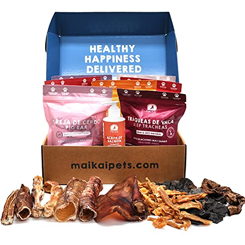 MAIKAI Chuches para Perros - 100% Naturales - Multi Snack Pack - 7 Packs Snacks para Perros Naturales + Aceite de Salmon Perros (250ml) - Premios para Perros. Caja Regalo cumpleaños Perro