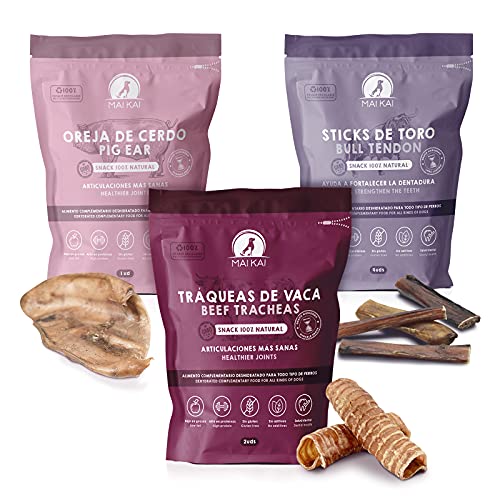 MAIKAI | Chuches para Perros - 3 Snacks 100% Naturales (Tráqueas de Ternera, Oreja de Cerdo y Nervios de Toro) - Premios para Perros - Especial Perros Grandes y medianos - Compatible Dieta Barf