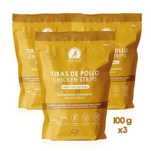 MAIKAI | Chuches para Perros y Gatos- Tiras de Pollo deshidratado (3 Bolsas X 100g) - 100% Naturales - Premios para Perros - Compatible con Dieta Barf - Snacks para Perros saludables