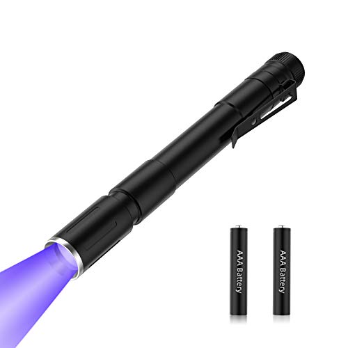 Majome Linterna UV 365 NM, luz UV LED Negra, Mini luz de endurecimiento, Zoom telescópico para detectar Manchas de orina de Mascotas, Piedras y Cristales minerales, batería incluida