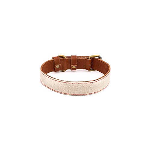 Makasih Dog Collar de piel para perro – Collar de perro de piel natural marrón con lienzo blanco y costuras de colores – Varios tamaños, anchuras (grande, punto rojo)