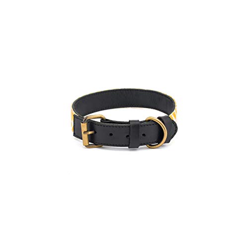 Makasih Dog Collar perro piel cebra – Collar para perros de piel curtida vegetal negro – con lienzo impreso amarillo y blanco