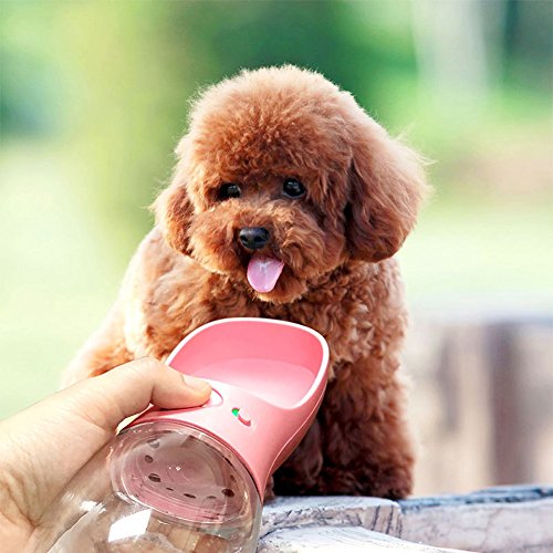 MalsiPree Botella de Agua para Perros, a Prueba de Fugas, Portátil, Dispensador de Agua para Cachorros con Alimentador Automático para Mascotas al Aire Libre, Senderismo, Viajes (350ML, Rosa)