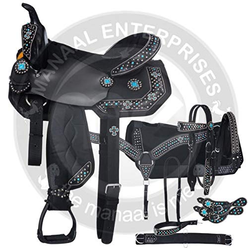 Manaal Enterprises De calidad clásica hecha a mano sintética Western Barrel Racing Trail Equestrian Horse Saddle Tack, cabeza a juego, cuello de pecho, riendas y cojín de sillín tamaño 14 pulgadas