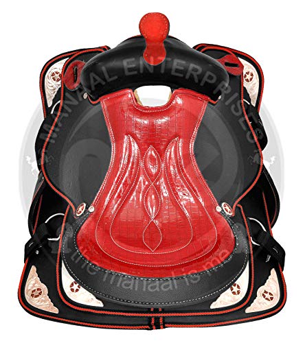 Manaal Enterprises De calidad clásica hecha a mano sintética Western Barrel Racing Trail Equestrian Horse Saddle Tack, cabeza a juego, cuello de pecho, riendas y cojín de silla de montar tamaño 43 cm