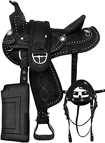 Manaal Enterprises Western Barrel Racing Trail Equestrian Horse Saddle Tack, cabeza a juego libre, cuello de pecho, riendas y almohadilla de sillín, tamaño 10 a 18 pulgadas asiento (11, negro)