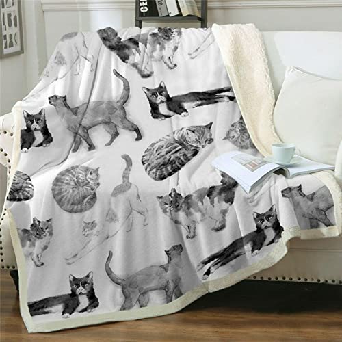 Manta Reversible Franela 75x100cm,Manta Polar para Cama Microfibra-Manta Pelo para Sofá Suave,Manta Forro Polar Invierno-Manta cálida-Manta Forro Polar-Regalo Negro Blanco Gato Animal Mascota Lindo