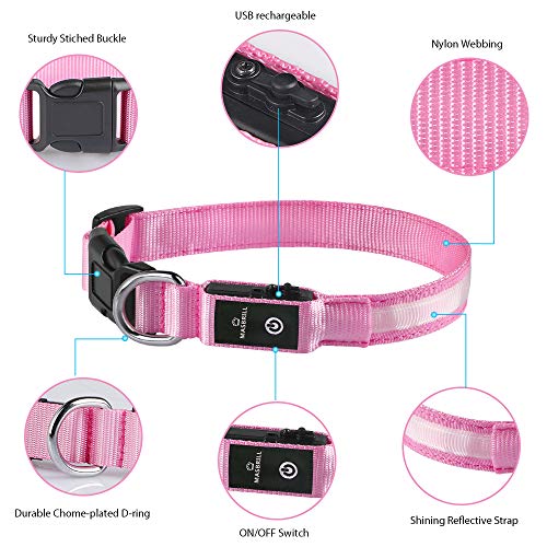 MASBRILL Collar Luminoso Perro de Mascota, 3 Modos Collar Luz Perro con Recargable y Impermeable, Ajustable Collares LED para Perros Pequeños/Medianos/Grandes(Rosa S)